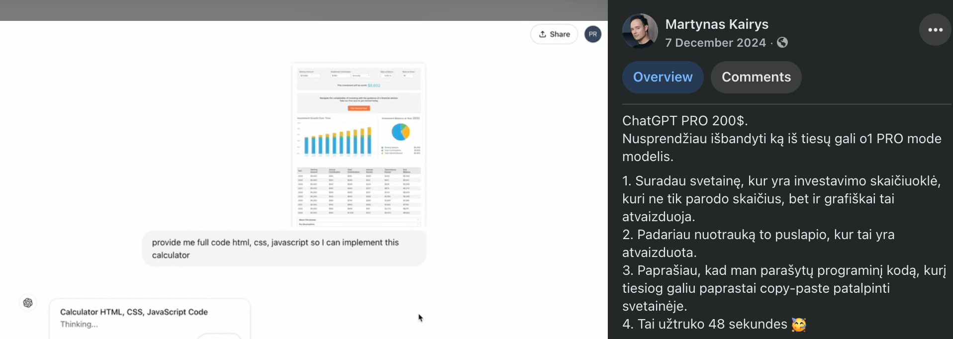 ChatGPT Pro builds a working investment calculator in 48 seconds